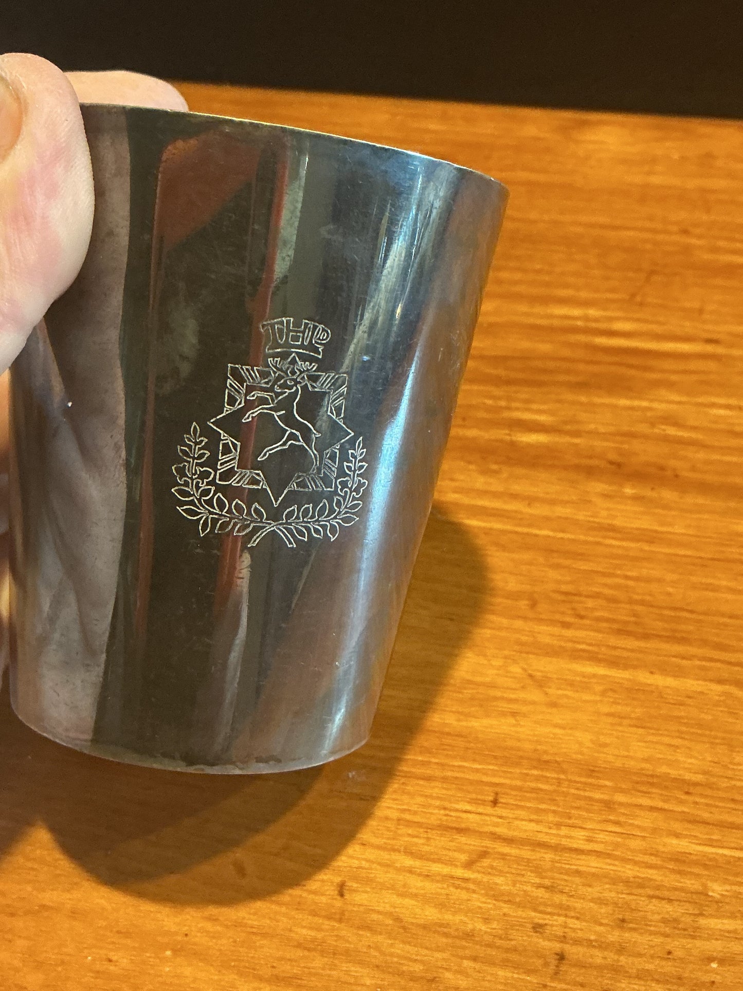 Antique Half Pint Cup with Military Crest Etched