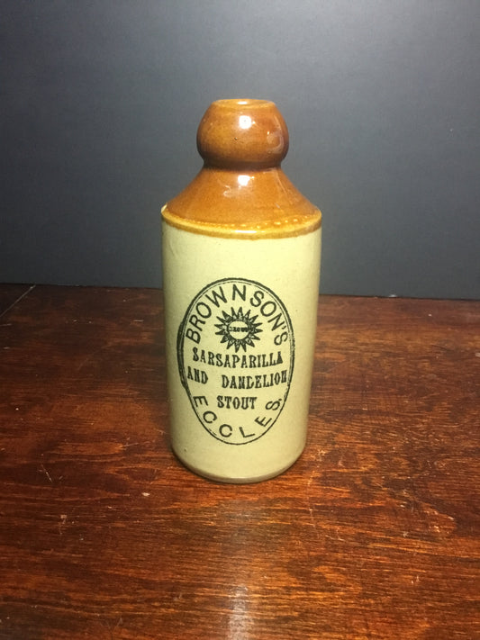 VINTAGE "BROWNSON'S OF ECCLES SARSAPARILLA & DANDELION STOUT" STONEWARE BOTTLE