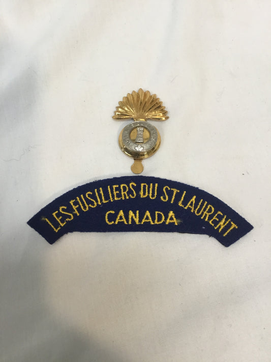 Canadian Military  Les Fusiliers du St.Laurent. bi-metal cap badge and Shoulder Flash