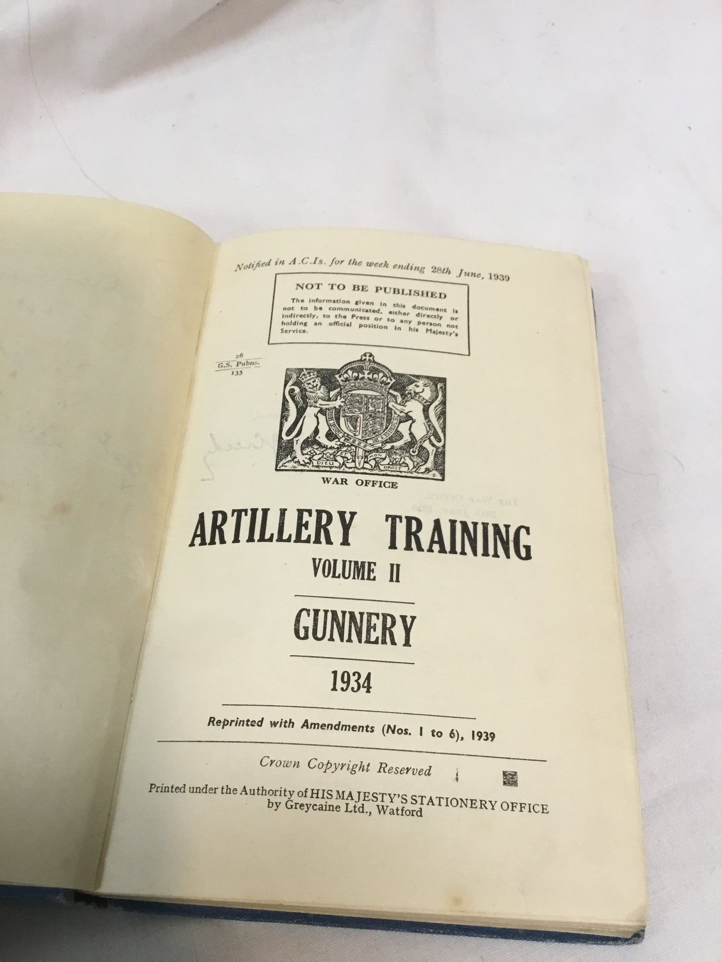 Named 1934 British Artillery Training 'Gunnery' Manual