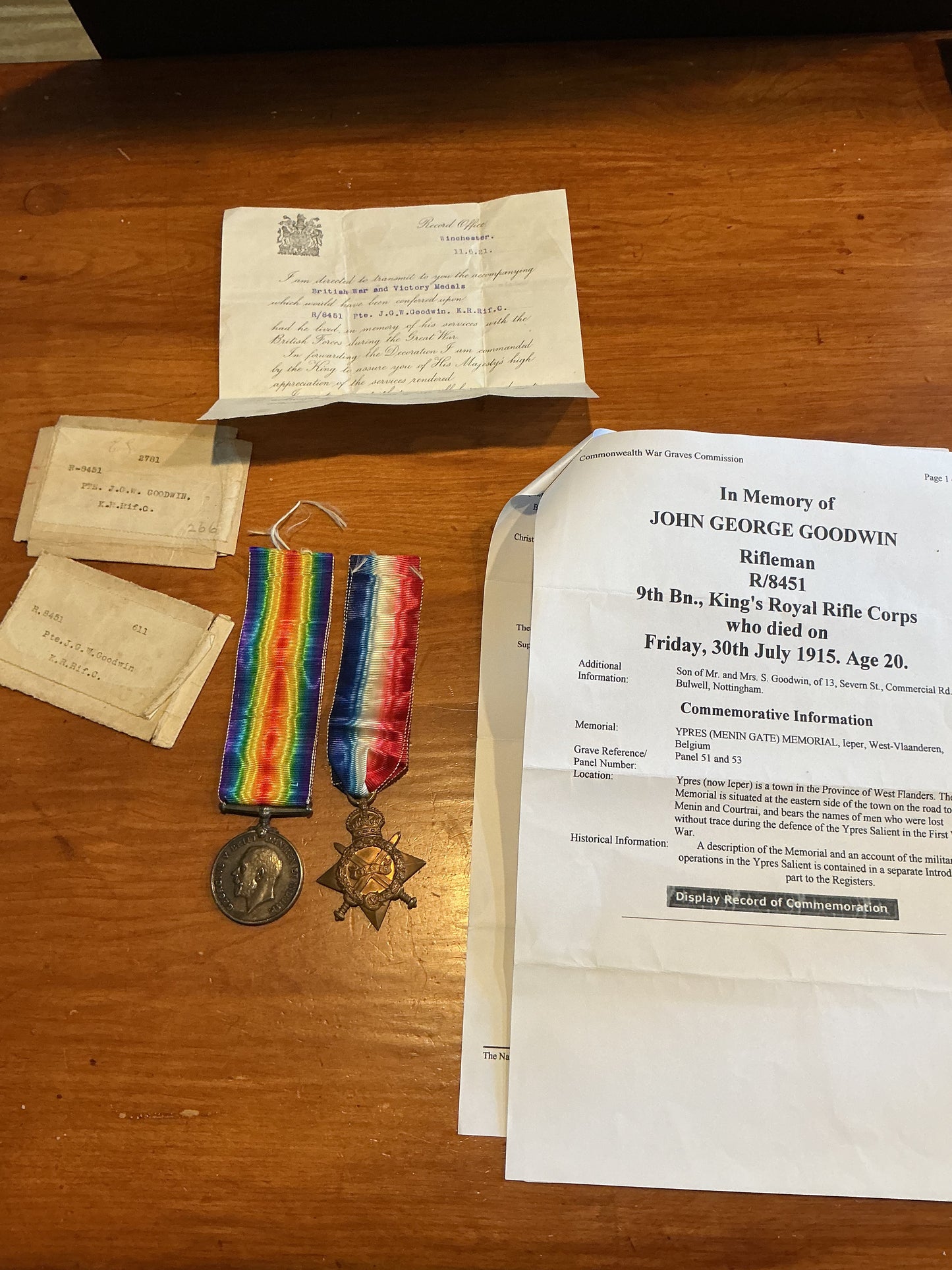 Pair Of WWI British Medals Awarded To Private John George Goodwin, King's Royal Rifle Corps