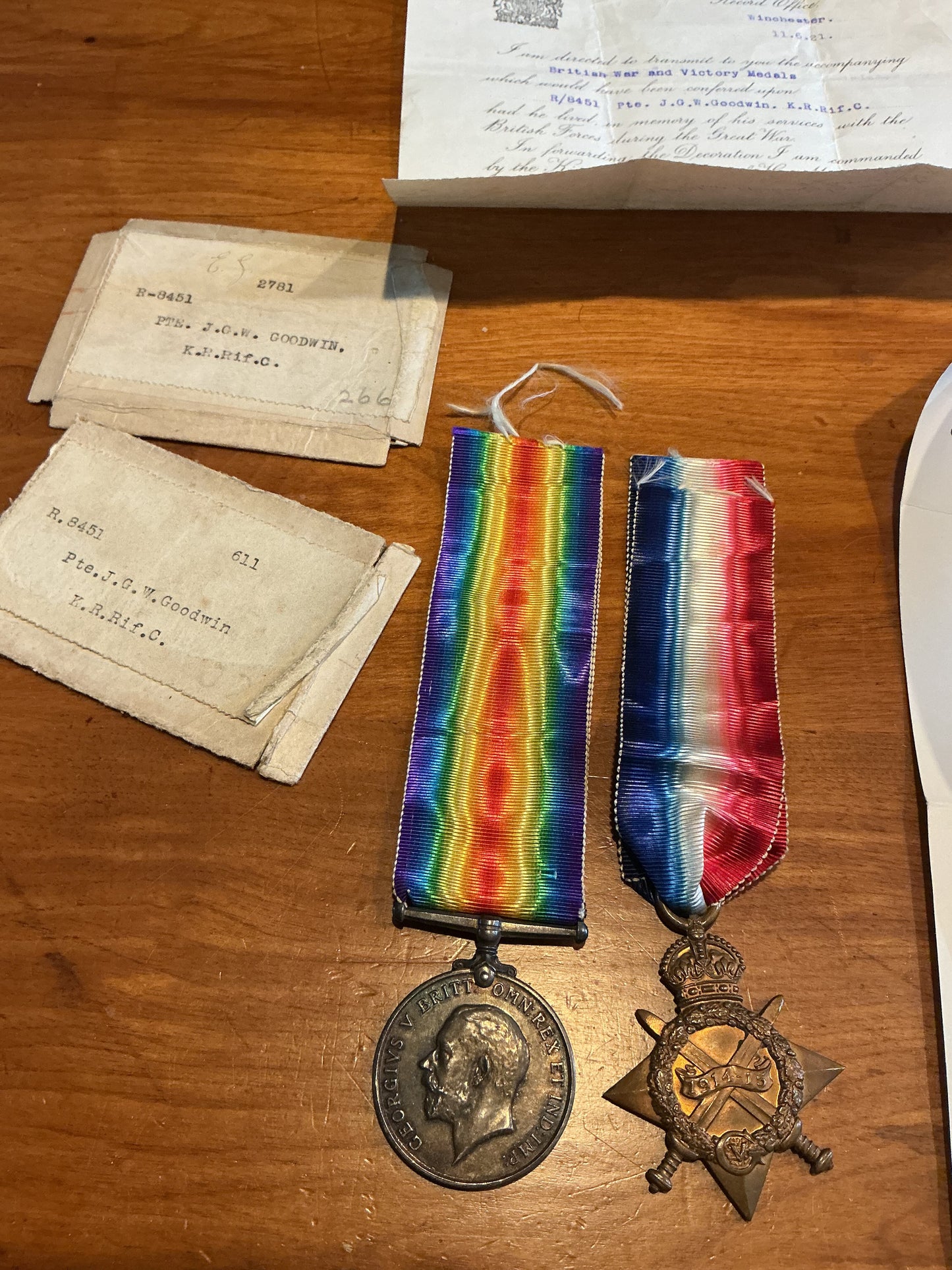 Pair Of WWI British Medals Awarded To Private John George Goodwin, King's Royal Rifle Corps