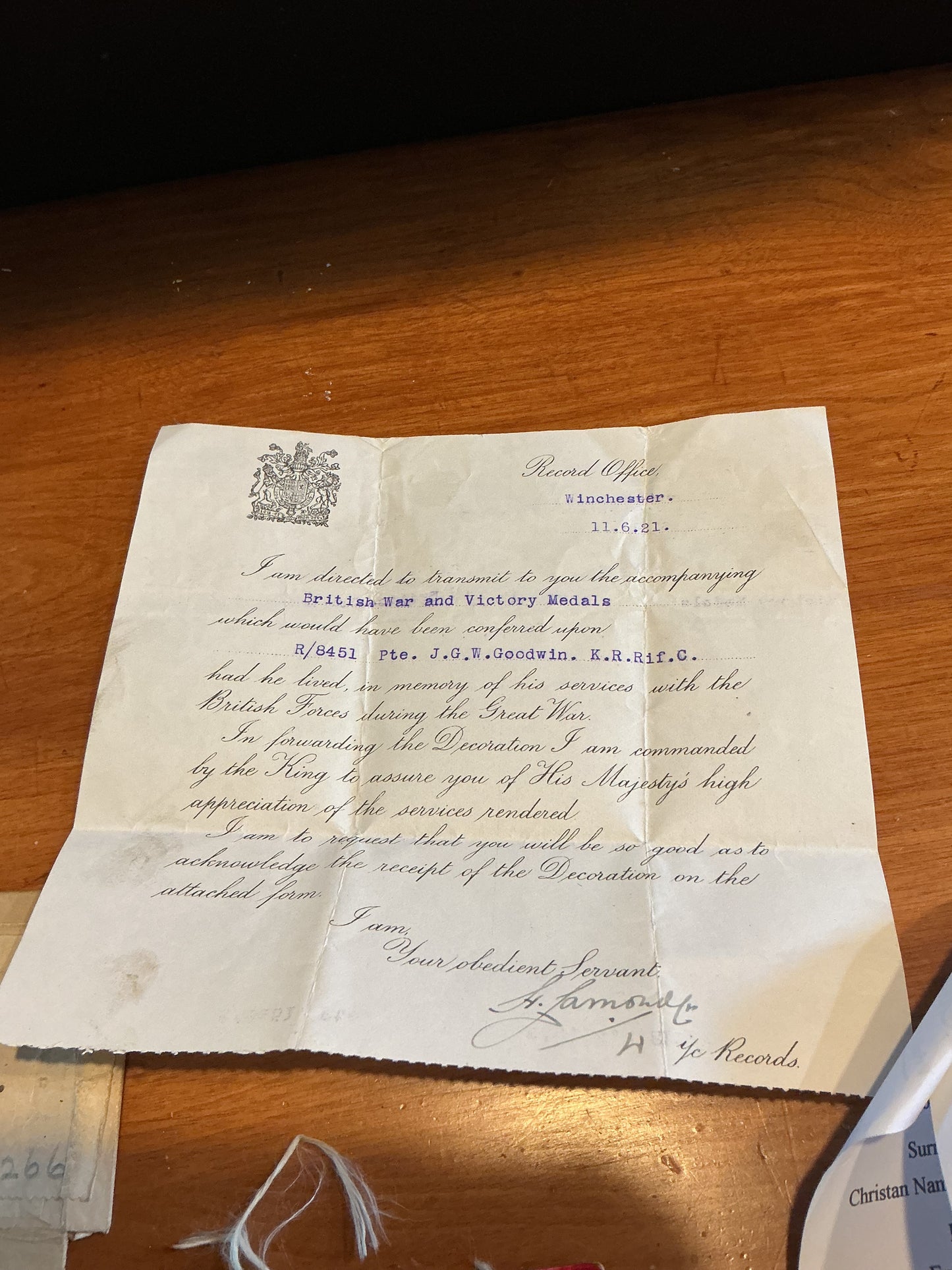 Pair Of WWI British Medals Awarded To Private John George Goodwin, King's Royal Rifle Corps