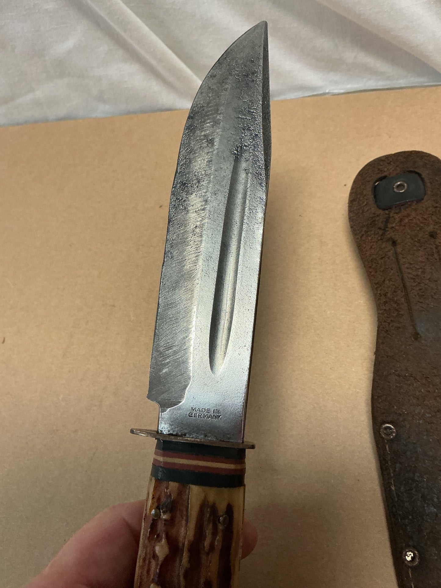 Large German made hunting Knife with leather Sheath