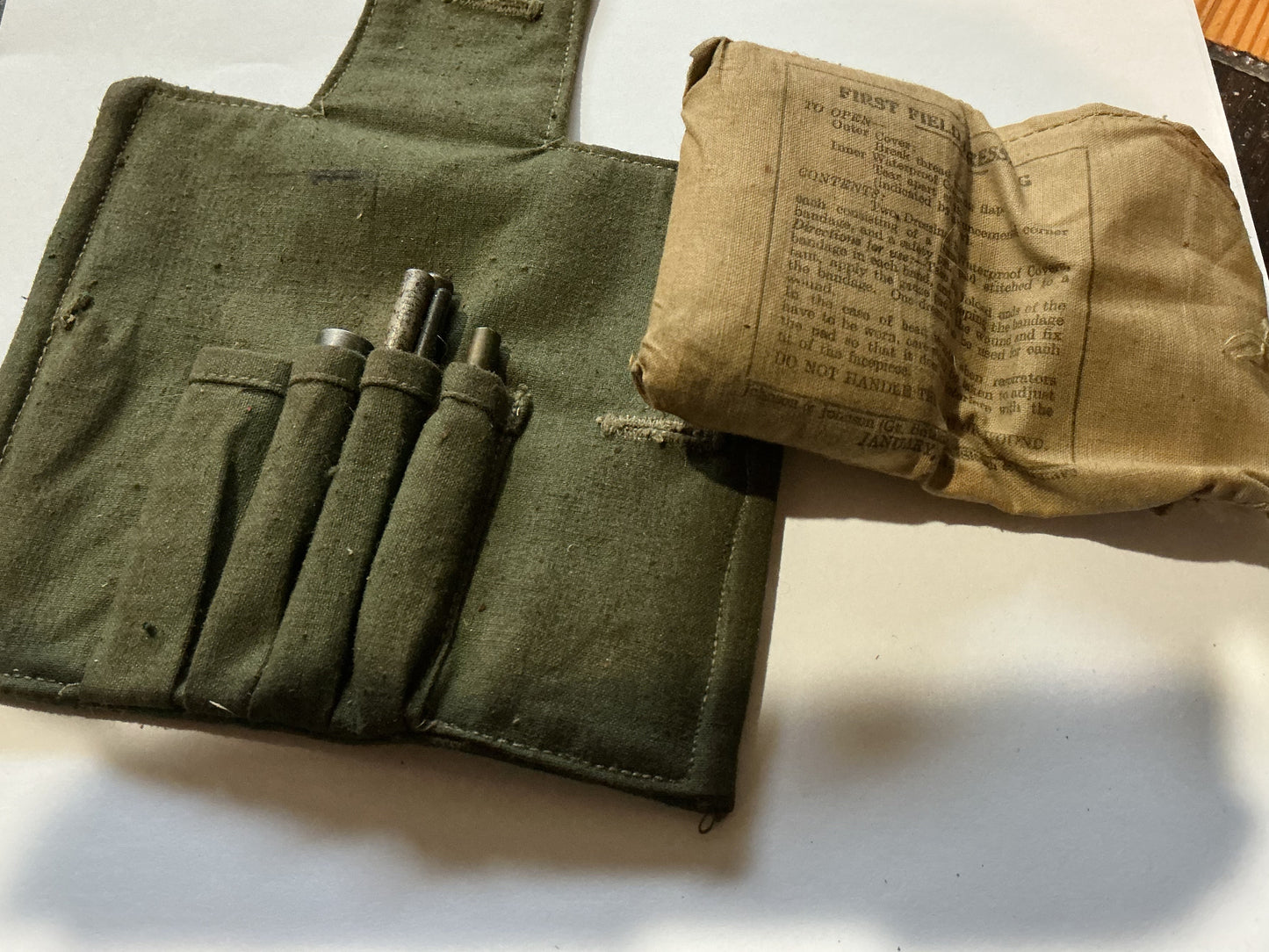 WW11 partial Field Dressing 1941 , and Mosin-Nagant cleaning and tool kit