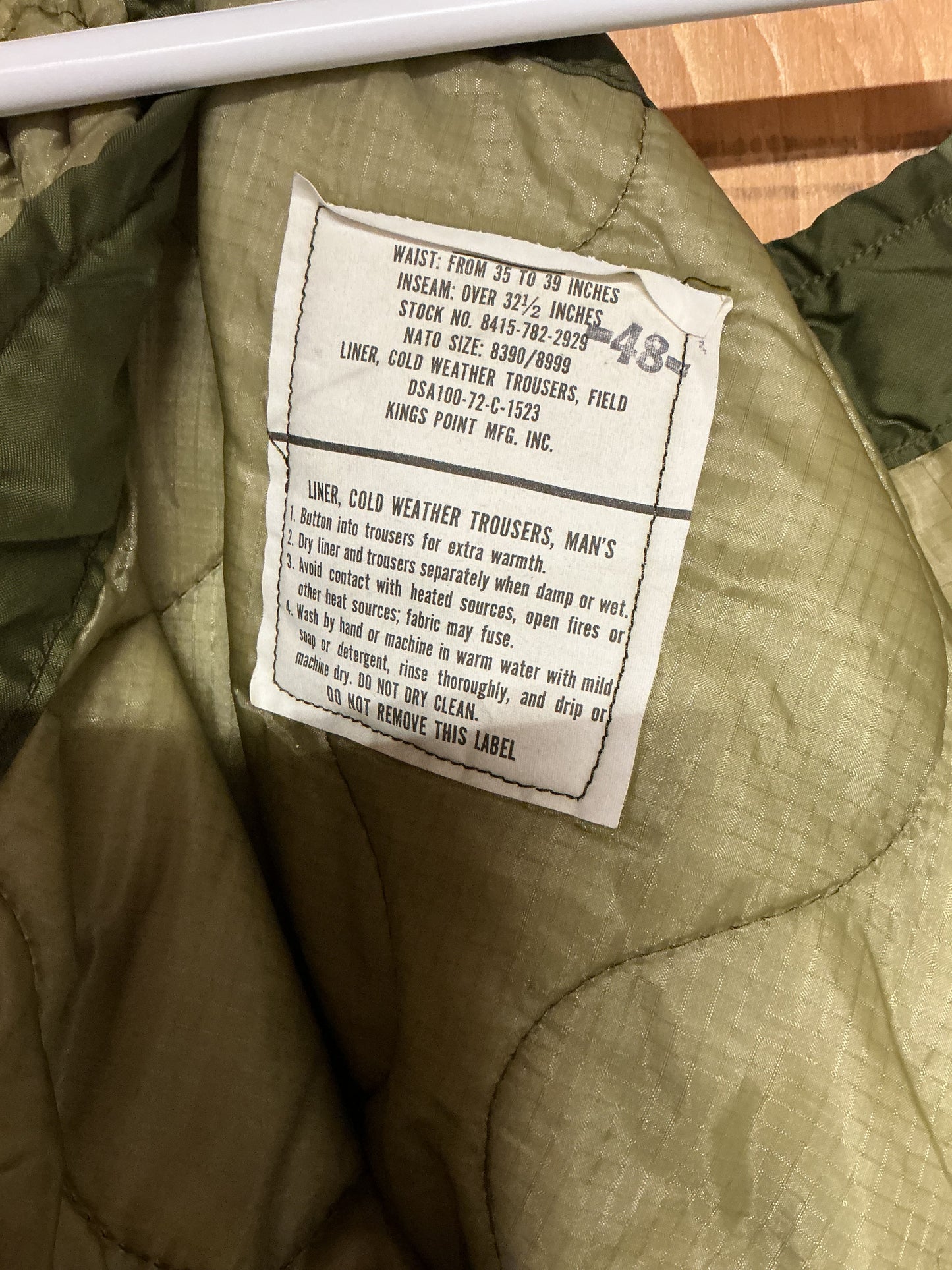 US M65 ISSUED COLD WEATHER PANT\ TROUSER LINER, size large long