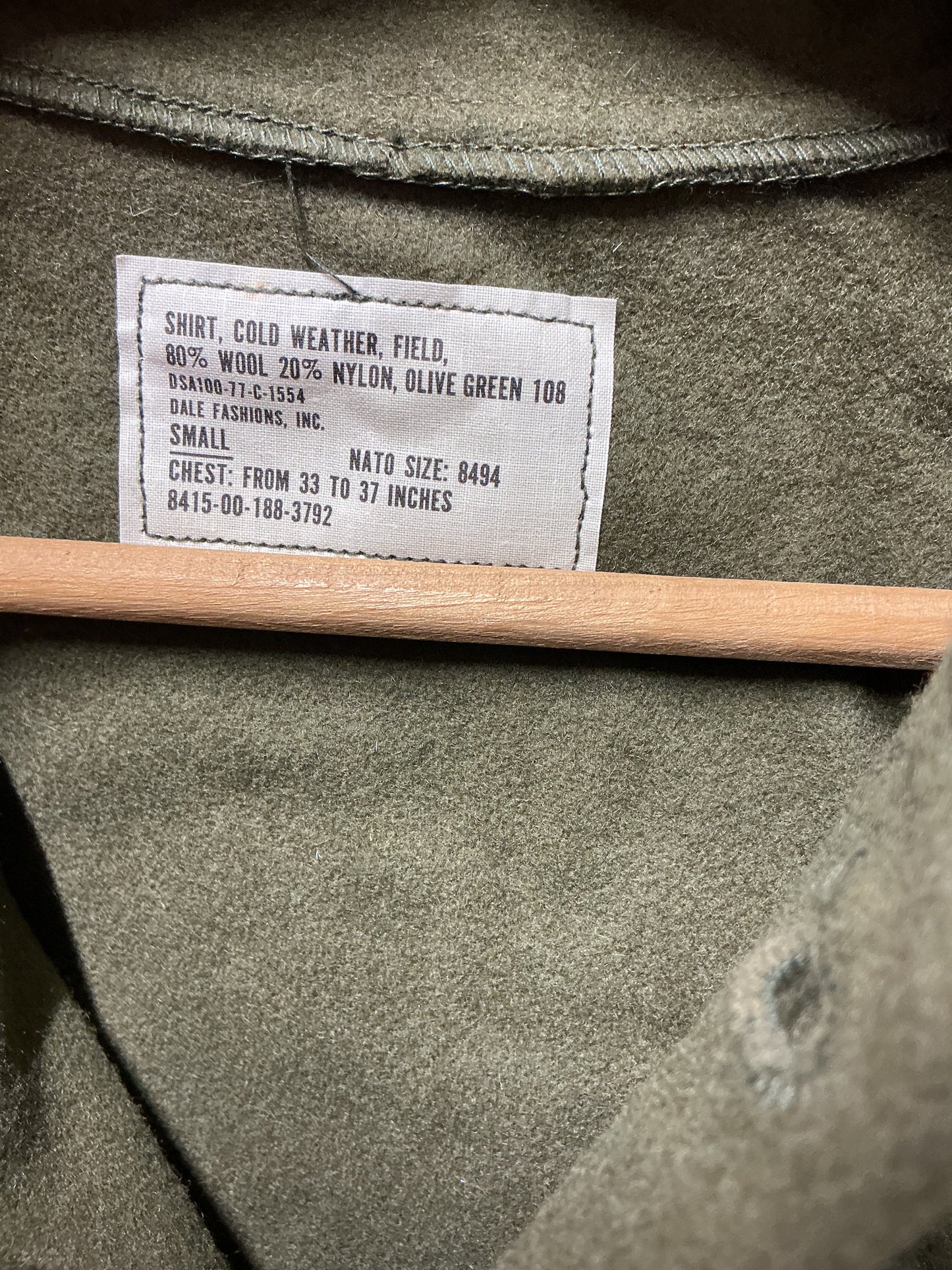 New NOS Cold Weather Field Shirt Size Small 80%Wool