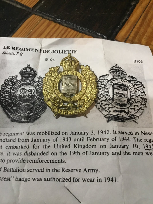 WW11 LE REGIMENT DE JOLIETTE CAP BADGE