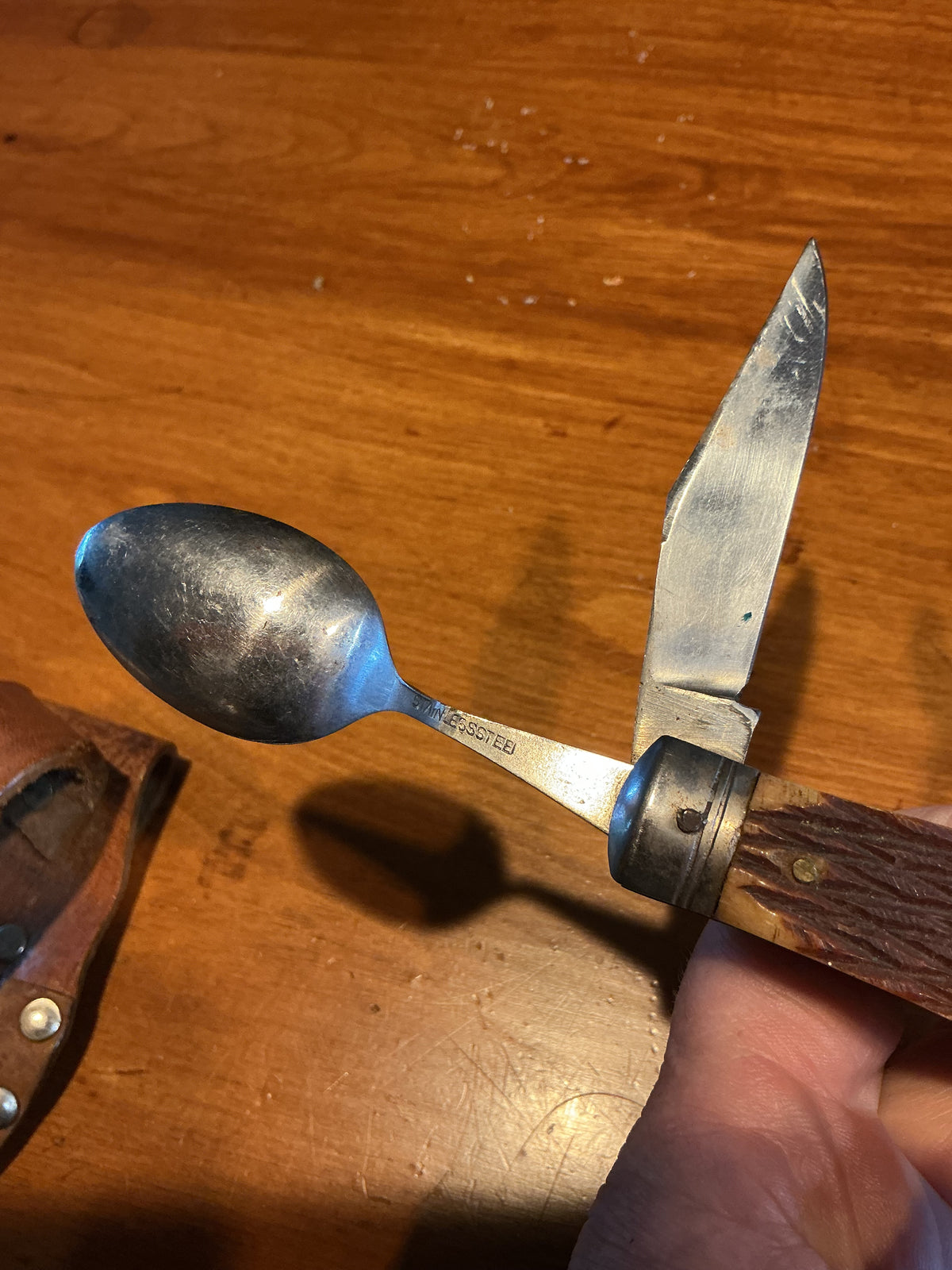 Vintage Japan made Camping Knife , small size stamped stainless Japan comes with leather case , 1960s -70’s