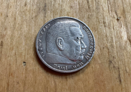 German 5 Reichsmark featuring Paul von Hindenburg, dated 1934–1935.