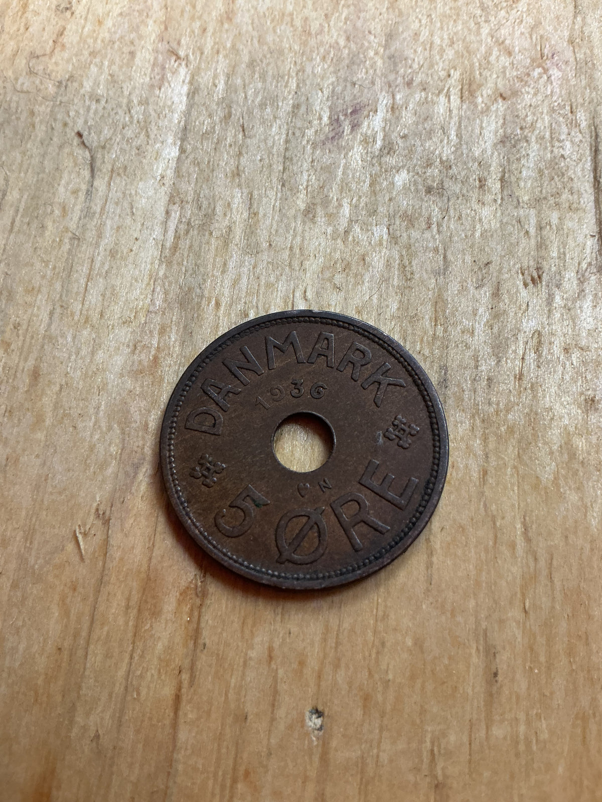 Denmark 1936-N 5 Ore , in circulated condition