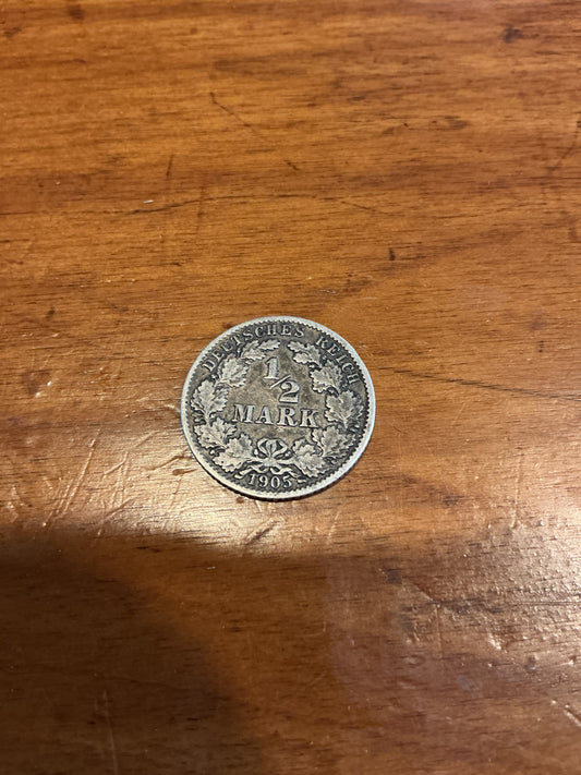 1905 Germany 1/2 Mark Silver Coin