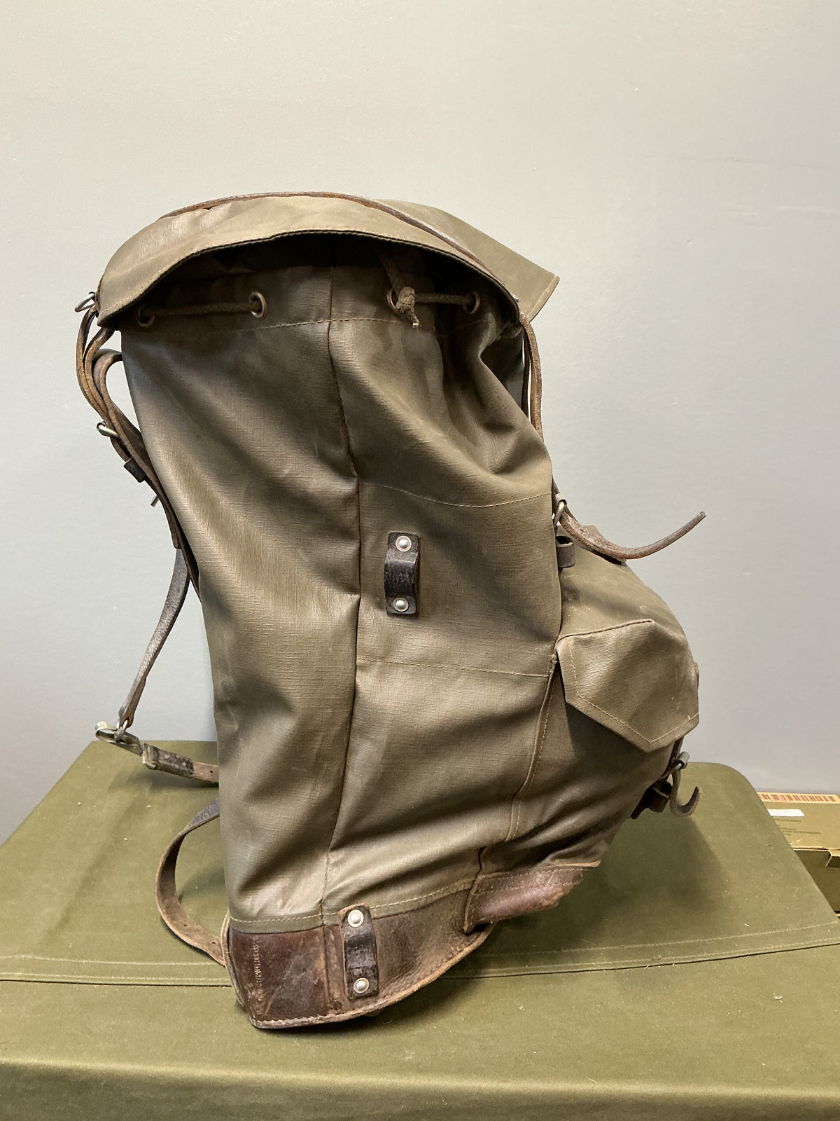 Vintage Swiss Military Rubberized pack with leather straps